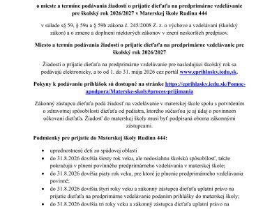 Podávanie žiadostí o prijatie dieťaťa na predprimárne vzdelávanie pre školský rok 2026/2027 Podávanie žiadostí o prijatie dieťaťa na predprimárne vzdelávanie pre školský rok 2026/2027